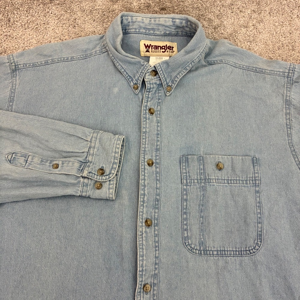 Wrangler Men XXL Rugged Wear Blue Denim Button-Down Classic Ranch 90s Outdoor